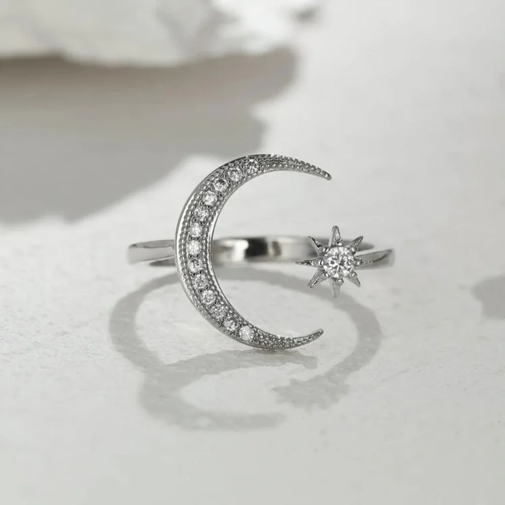Stylish Moon and Star Adjustable Ladies .925 Silver Decor Cuff Ring